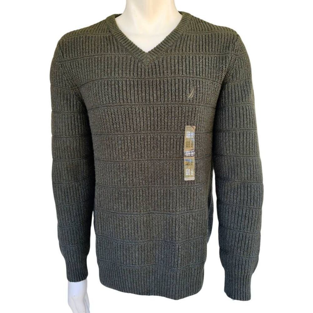 Nautica Men’s Sweater L Green V Neck Heavy Knit Cotton Blend NWT